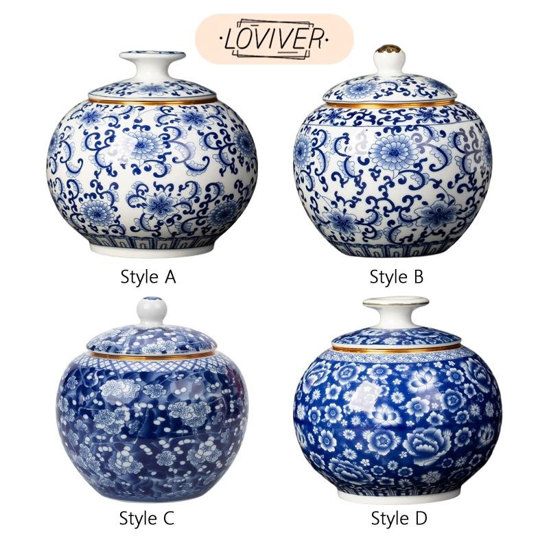 LOVIVER แบบดั้งเดิม Chinoiserie ขิง Jars เซรามิคขวดเก็บชา Jar อเนกประสงค์ Porcelain Temple Jar สําหรับตกแต่งห้องนอน
