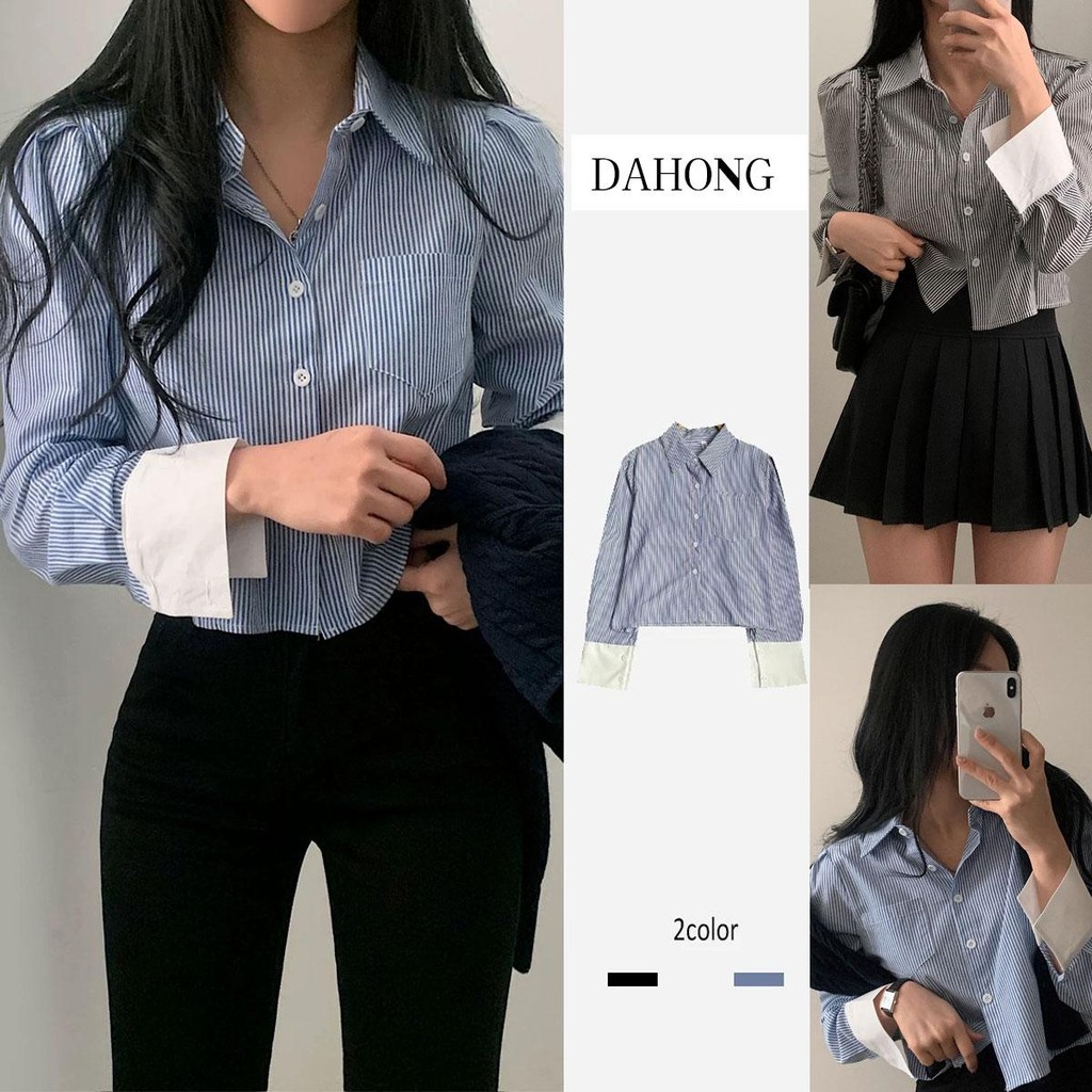 Dahong 💖  เสื้อครอปเชิ้ตแขนสั้น ทรงหลวม เสื้อเชิ้ตแขนยาวลําลอง คอปก สีฟ้า ลายทาง ใส่สบาย ไม่ร้อน  w322
