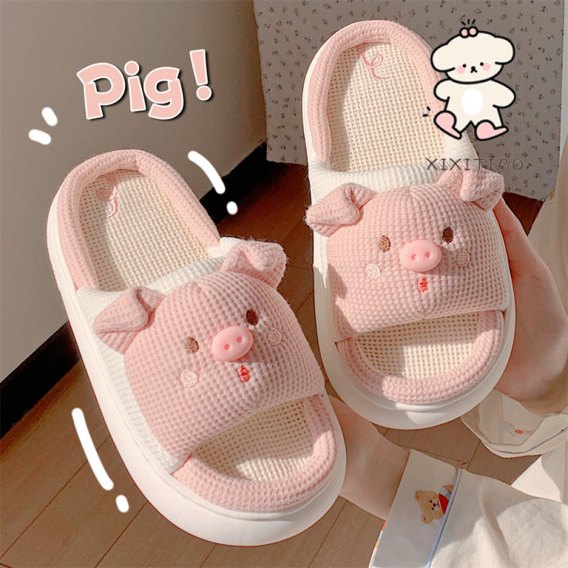 Xixitiao Four Seasons Universal Soft หนา-Soled รองเท้าแตะผ้าลินินน่ารัก Piggy Home รองเท้าแตะ