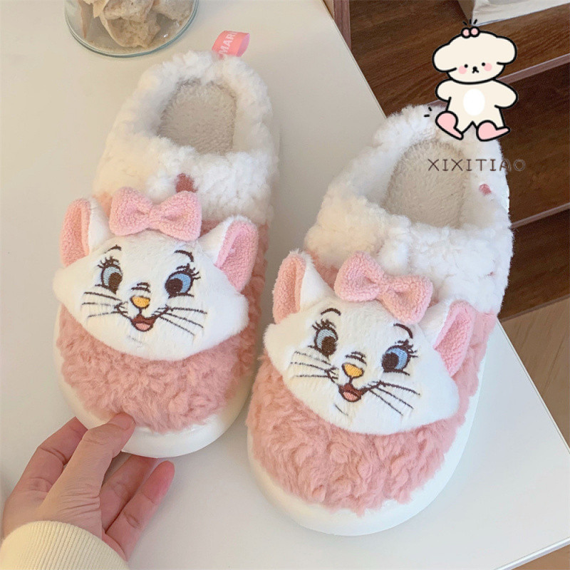 Xitiao ของแท้น่ารักโบว์ Mary Catwoman ฤดูหนาวรองเท้าแตะผ้าฝ้ายอุ่นในร่มบ้าน Soft Sole สบาย Plush Confinement รองเท้า