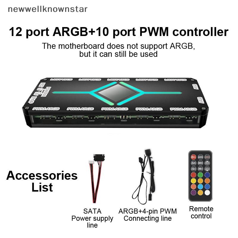 Newwellknownstar 12-port ARGB & 10-port PWM Controller พัดลมคอมพิวเตอร์ควบคุมอุณหภูมิหม้อน้ํา Hub 5V 3-pin Controller คอลเลกชันเกมแชสซี CCB