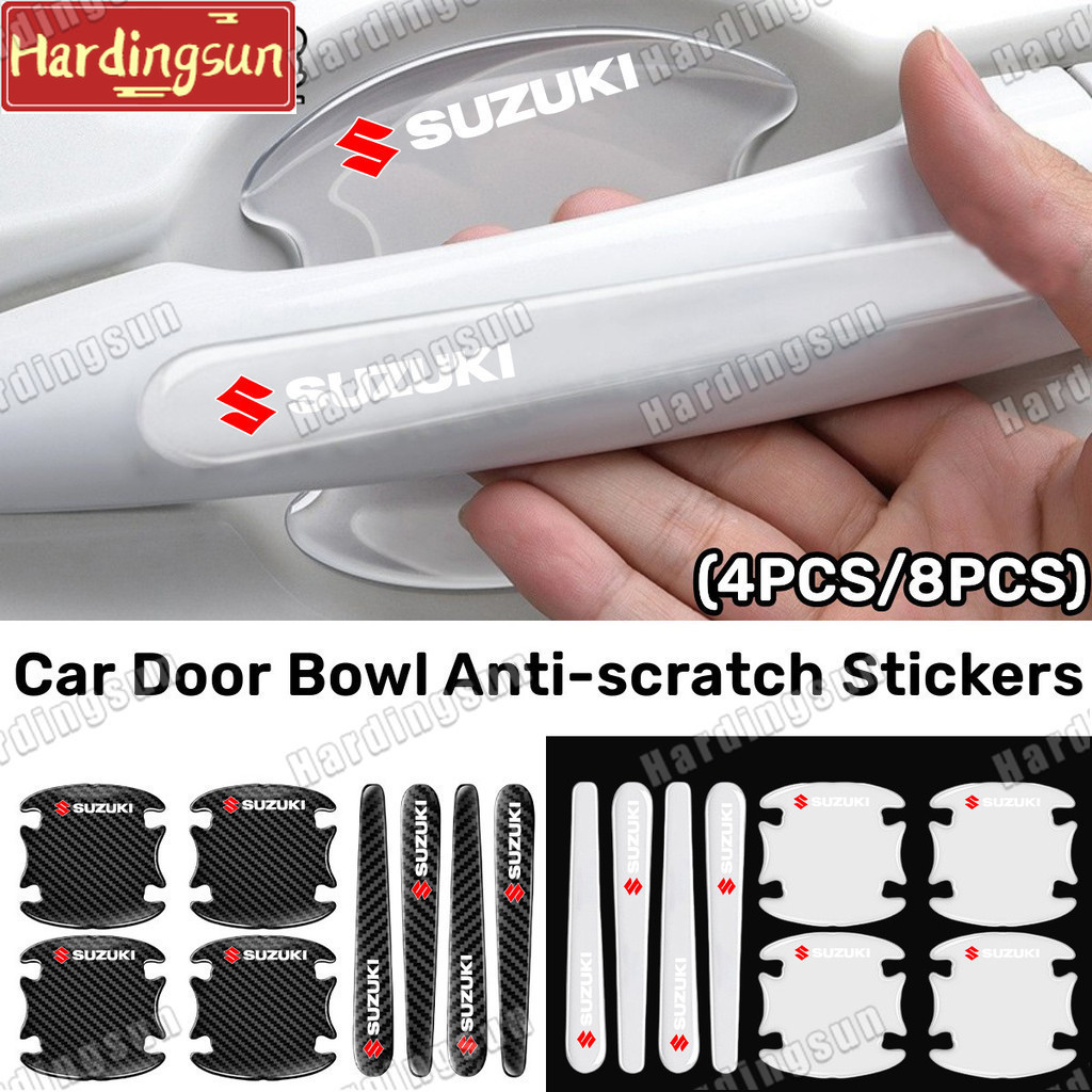 4/8 ชิ้น Suzuki โปร่งใสรถประตูชามสติกเกอร์ Anti Scratch สติกเกอร์ประตูรถป้องกันหนารุ่นคาร์บอนไฟเบอร์