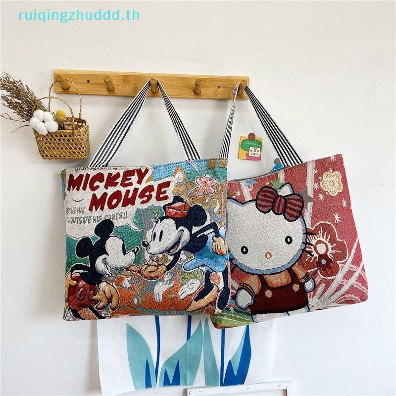 [MZ] Disney Mickey Mouse Retro กระเป๋าสะพายไหล่สําหรับการ์ตูนอะนิเมะผ้าใบกระเป๋าถือ Stitch Winnie Oxford กระเป๋าช้อปปิ้งกระเป๋าเก็บของ [TH]