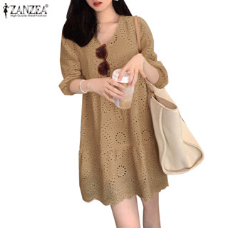 ZANZEA ซานเซีย ผู้หญิงเกาหลีลําลองคอวี3/4แขนกลวงโครเชต์ลูกไม…