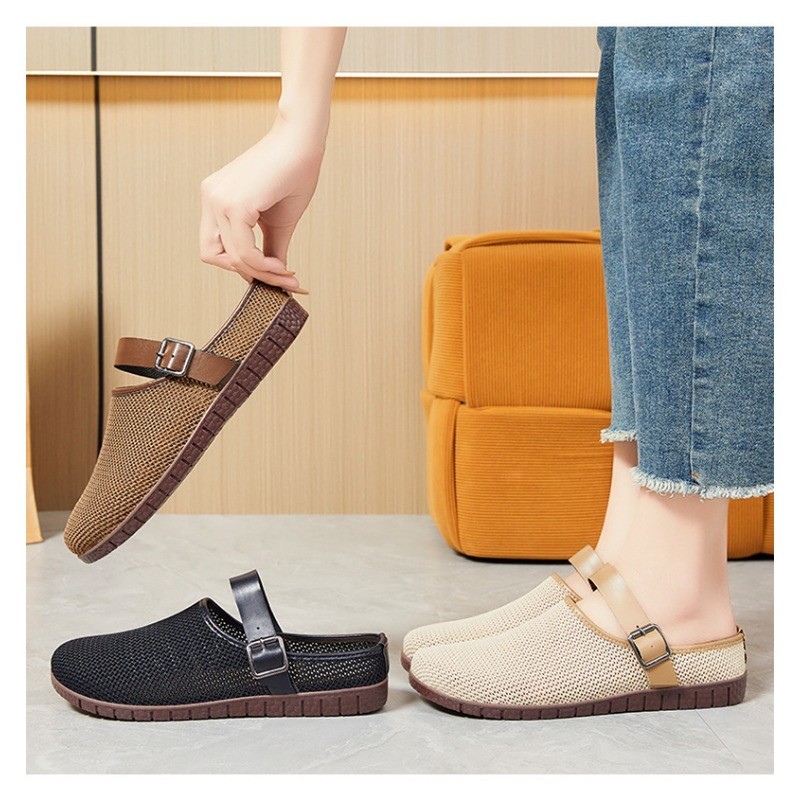 IELGY 2025 ผู้หญิงแอปริคอทสไตล์ฤดูใบไม้ผลิอเนกประสงค์ Retro Soft-soled รองเท้าแตะ Ins รองเท้าแตะลําลองตาข่าย