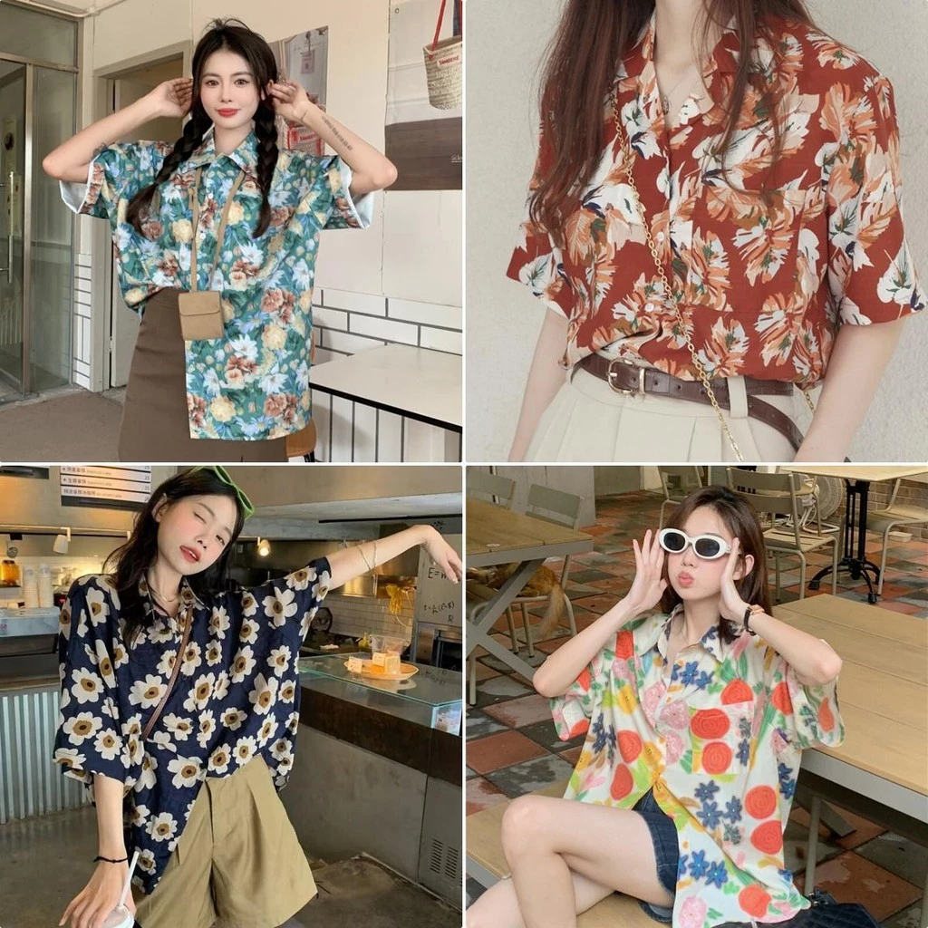 Hotgirl เสื้อเชิ้ตฮาวายผู้หญิง ลายดอกไม้ แขนสั้น ทรงหลวม