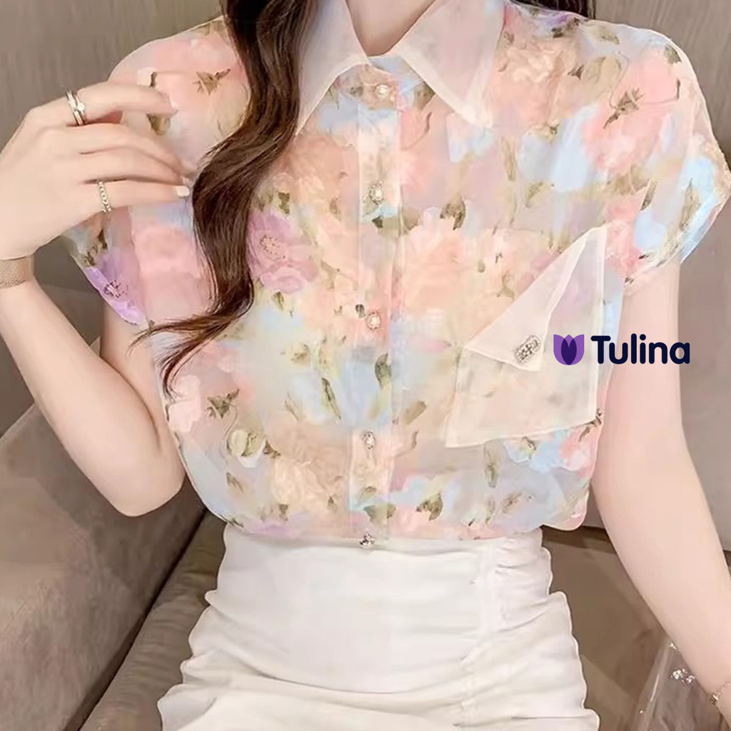 เสื้อเชิ้ตแขนสั้น ลายดอกไม้ ผ้าชีฟอง สไตล์สาวหวาน