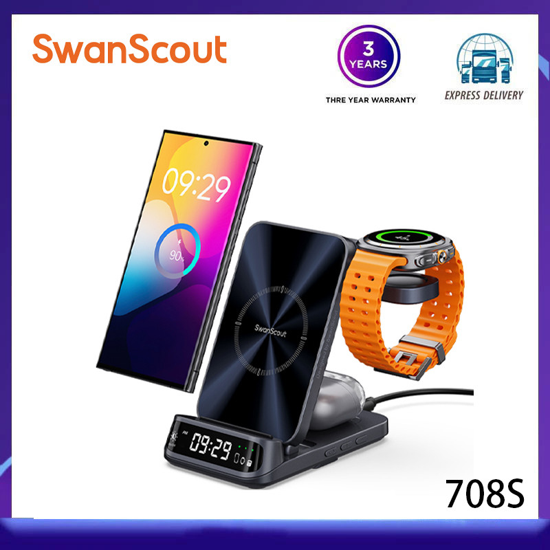 SwanScout 708S สถานีชาร์จไร้สายสําหรับ Samsung S25 Ultra S24 + S23 Z Flip Charger สําหรับ Galaxy Watch 7 6 5 สําหรับ Galaxy Buds 3