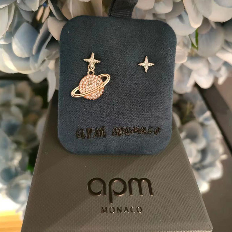 APM Monaco Pink Planetไม่สมมาตรต่างหูฝังคริสตัลเพชรต่างหูแฟนของขวัญ