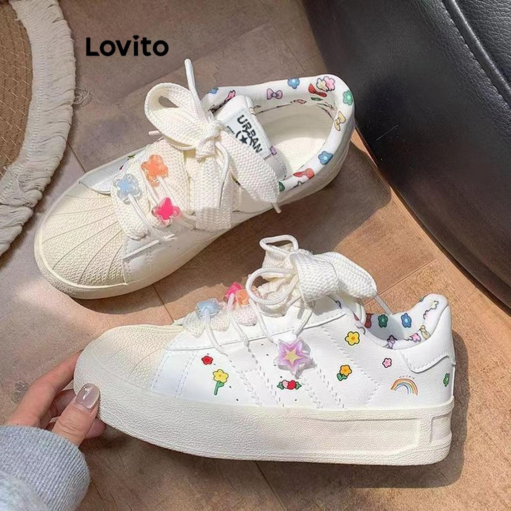 Lovito รองเท้าผ้าใบผู้หญิง สีเรียบ สไตล์ลำลอง LFA42458