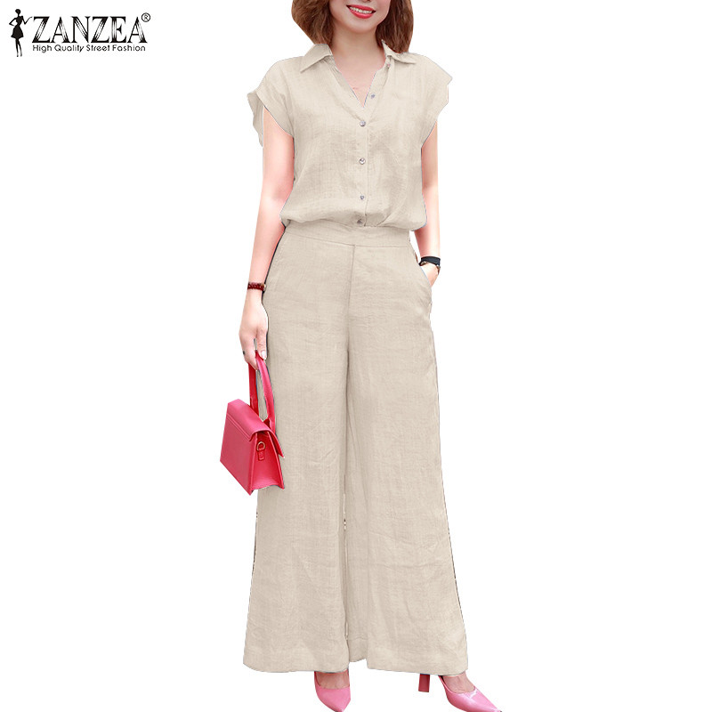Zanzea ผู้หญิงเกาหลีสูทปกจั๊มสูทแขนสั้นพร้อมกระเป๋ากางเกงขากว้างสูท