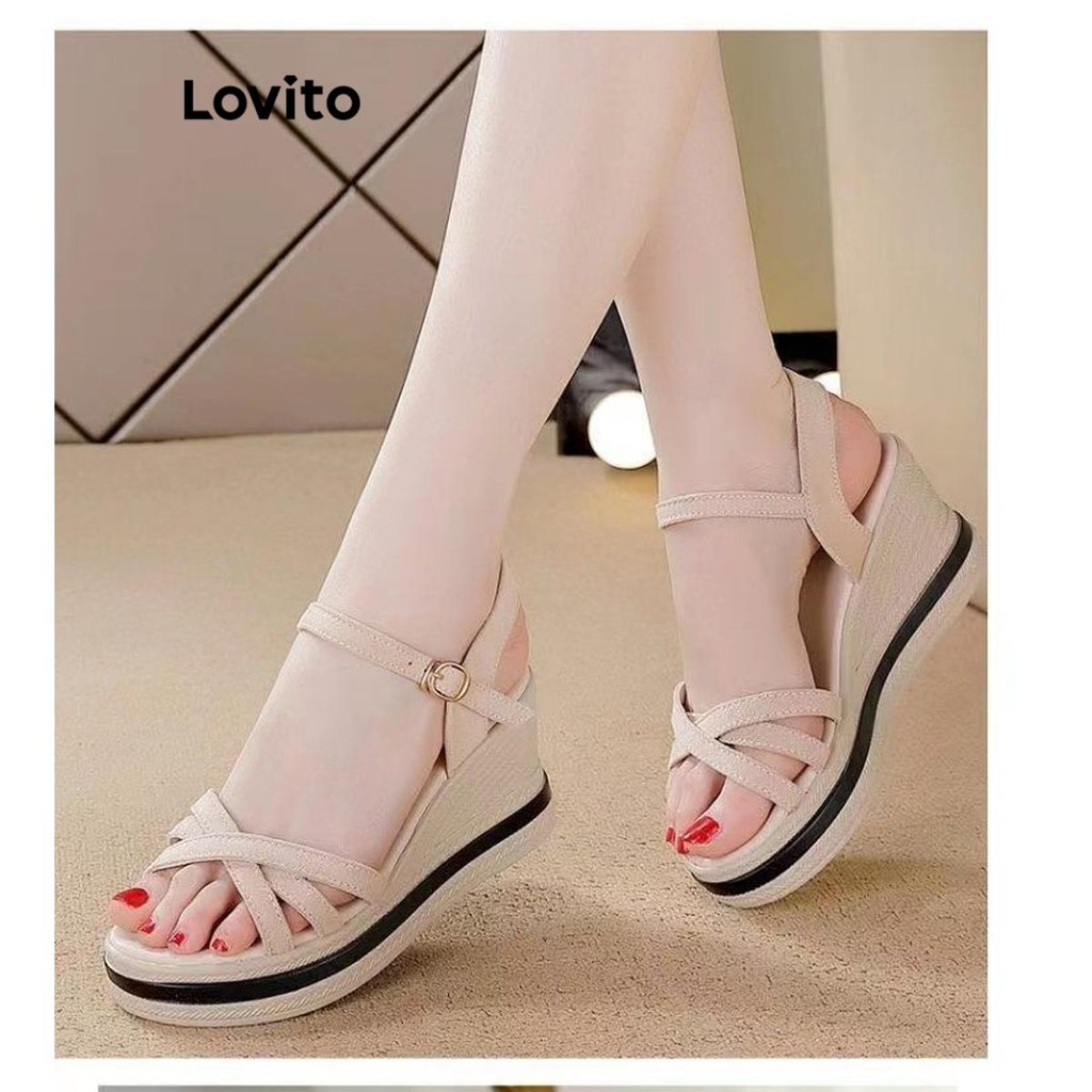 Lovito สง่างามสีพื้นไขว้อเนกประสงค์พื้นหนาเพิ่มความสูง Wedges สําหรับผู้หญิง  LFA65254