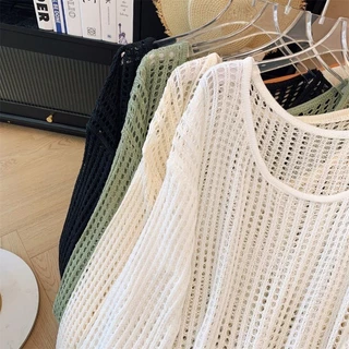 คอกลมเวอร์ชั่นเกาหลีแขนยาวหลวมเสื้อสม็อคของผู้หญิงกลวงถักฤดูร้อนด้านบน