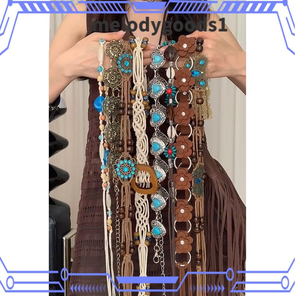 Melodygoods1 โซ่เอว, Y2K เข็มขัดโบฮีเมียนอินเทรนด์, อุปกรณ์ชายหาดฤดูร้อนชุดวินเทจตกแต่งดอกไม้เข็มขัดโบฮีเมียน