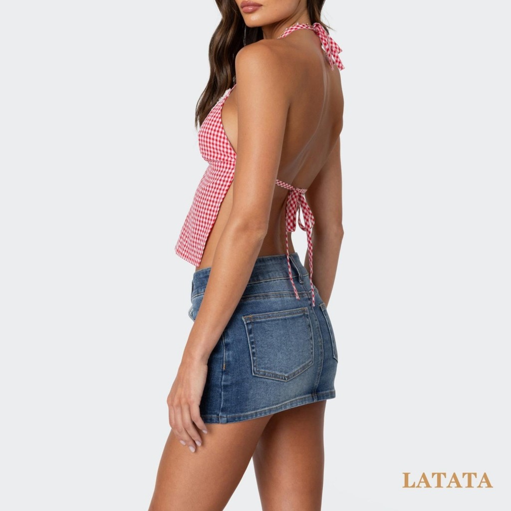 Lata-เสื้อชั้นในสตรีลายสก๊อตเปิดหลัง Lacing Terry Trim แขนกุด Sweetheart คอ Slim Fit Crop Tank Tops - รูปที่ 6