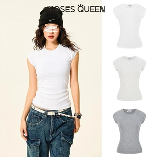 < MOSESQUEEN > อเมริกันย้อนยุคสีทึบเสื้อยืดแขนสั้นบางหญิงฤดูร้อนสาวร้อนสลิมแขนบินขนาดเล็กสั้นด้านบน #62847