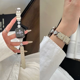 Nistar Lucky ดอกไม้สี่ใบโลหะตกแต่งสําหรับ Apple watch Ultra 2 S10 9 8 7 6 5 4 3 2 1,Luxury หนัง smart watch band สําหรับ iWatch 49 มม.46/45/44/42 มม.40 มม.38 มม.