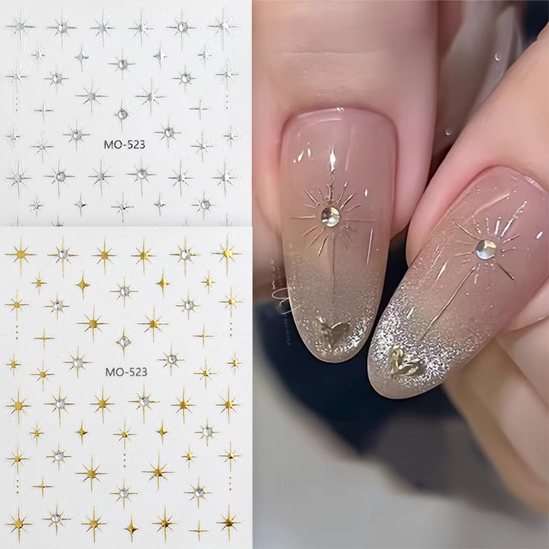 3d Rhinestones Gold Silver Star Moon Bronzing สติ๊กเกอร์ติดเล็บ Retro Boho สไตล์ออกแบบสายกาว Slider Decals
