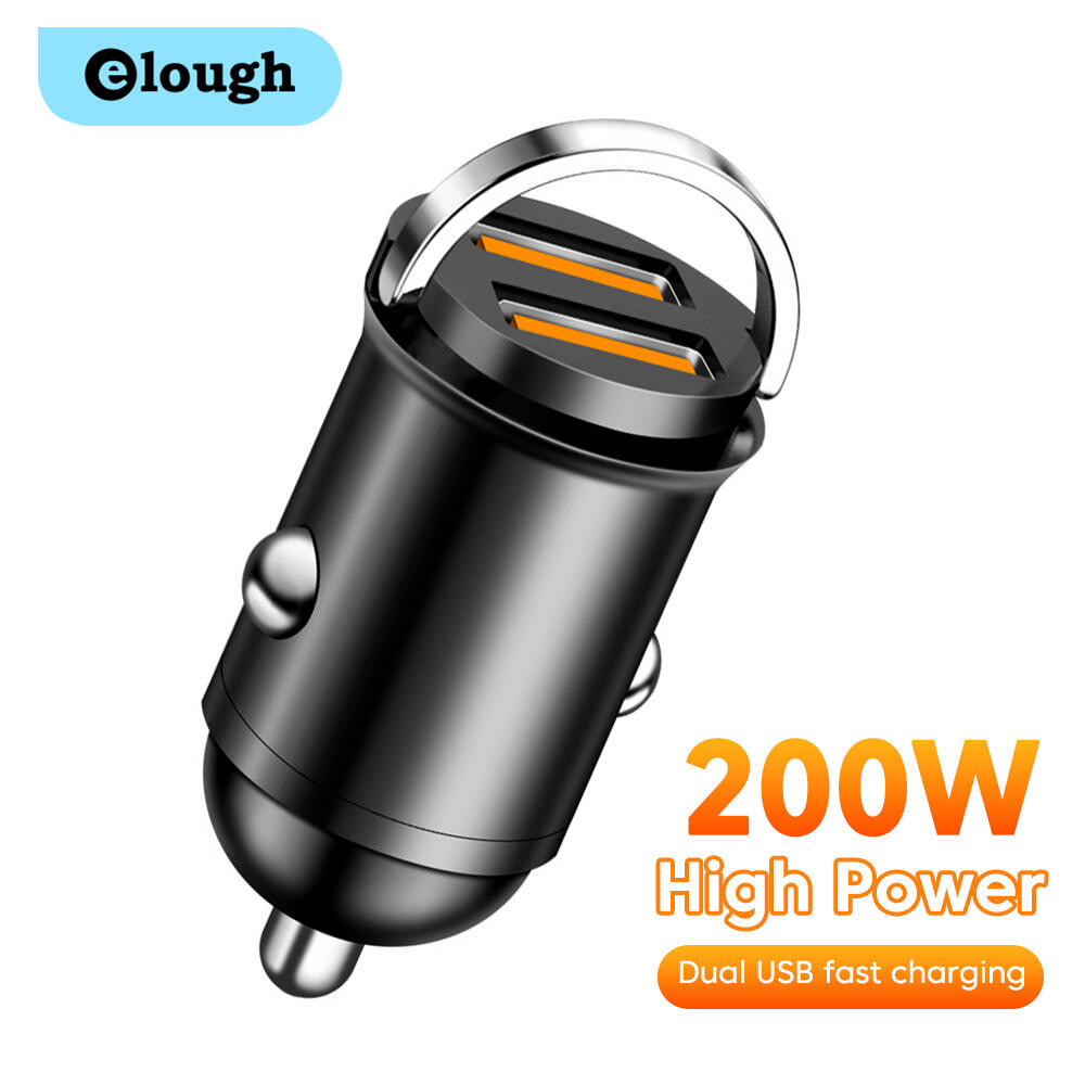 Elough Mini 200W Pull Ring Car Charger Fast Charging Dual USB Car Phone Charger Adapter