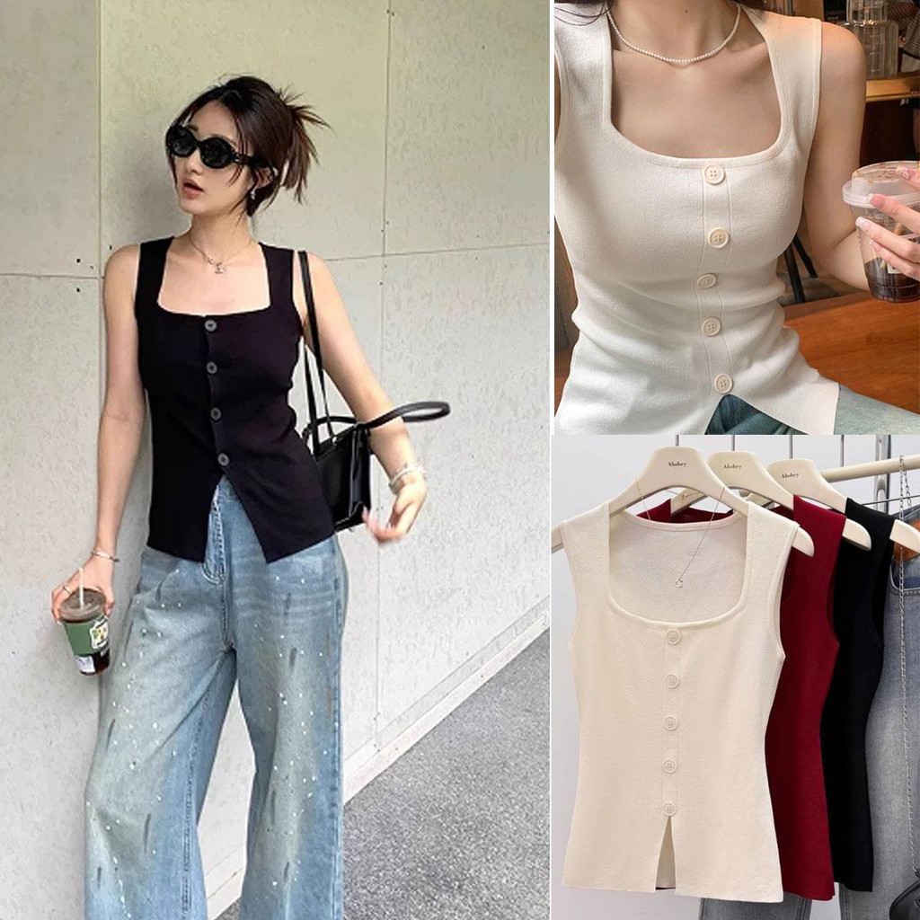 Cuites  เสื้อกล้ามไหมพรมผู้หญิง สีพื้นยืดตามตัว ใส่ง่าย ทรงเข้ารูปโชว์หุ่นต้องมี D403