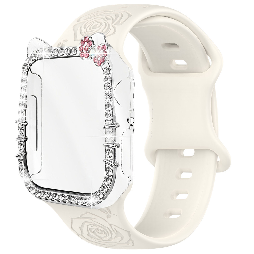 สายนาฬิกาซิลิโคนอ่อน + เคสป้องกันสําหรับ For Apple Watch Series 10 Ultra 9 8 SE 7 6 5 4 หัวเข็มขัดผีเสื้อ ดอกกุหลาบ สายนาฬิกา + เพชร พีซี แมวกรณีสําหรับ iWatch 40 41 42 44 45 46 49 มม