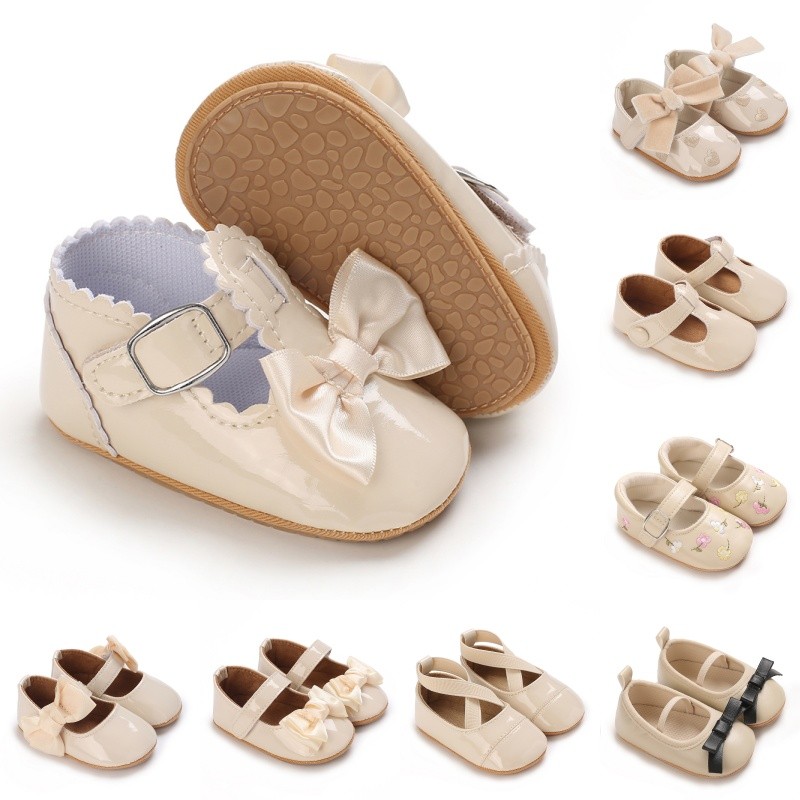Apricot 0-18M ทารกแรกเกิดรองเท้าสบายๆเด็ก Bow Anti Slip ยาง Soft Sole แบนด้านล่าง PU ทารกแรกเกิดโบว์ตกแต่ง Mary Janes