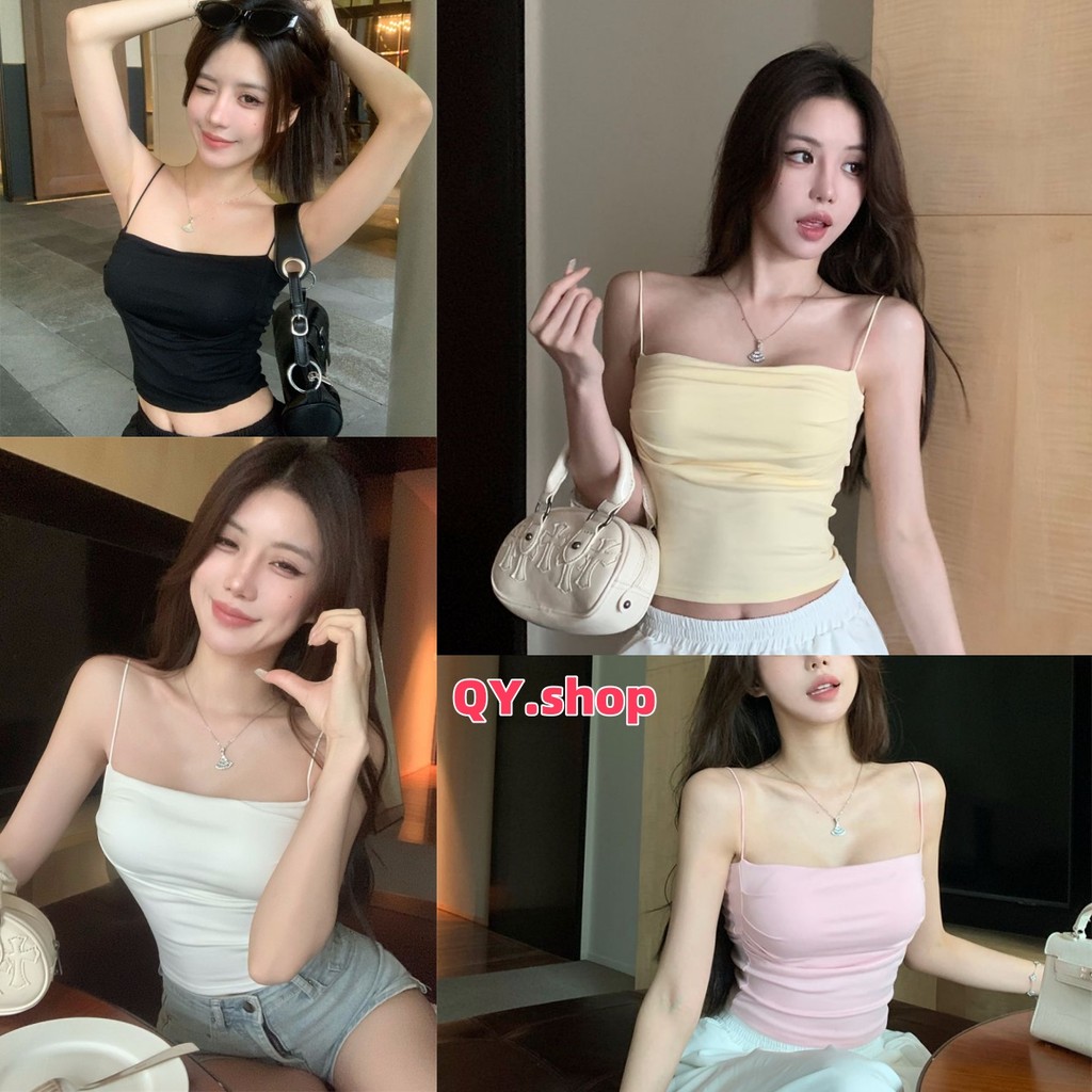 QY.Shop⭐️สินค้าราคาพิเศษ⭐️เสื้อสายเดี่ยว สีพาสเทล สไตล์เกาหลี มีฟองรน้ำ ยืดพอดีตัว "FY7274"