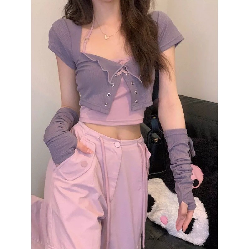 เสื้อคาร์ดิแกน แขนสั้น สีม่วง สองชิ้น แฟชั่นฤดูร้อน