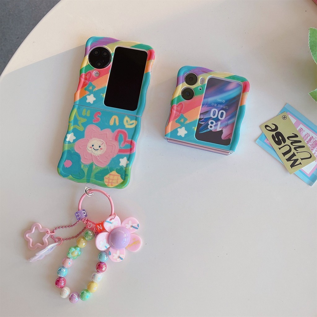 เคสโทรศัพท์มือถือ กันกระแทก ลายดอกทานตะวัน สีรุ้ง พร้อมจี้ สําหรับ OPPO Find N3 FLIP N2