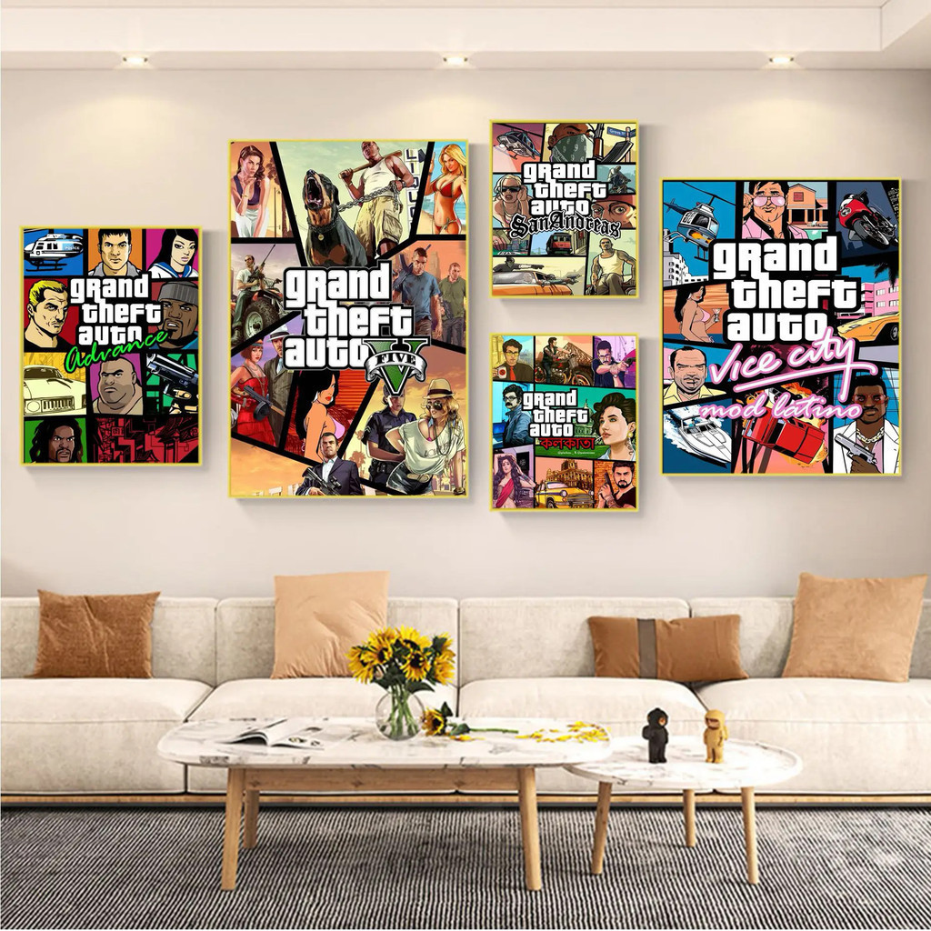 สติกเกอร์โปสเตอร์ ลาย Grand Theft Auto V Game Art Retro GTA 5 สําหรับติดตกแต่งผนังบ้าน ห้องนั่งเล่น NVPE