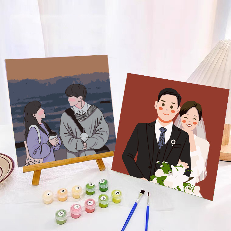 ภาพระบายสีตามตัวเลข Paint by numbers 20X20ซม DIY ภาพระบายสีตามตัวเลข ขึงเฟรมไม้พร้อมอุปกรณ์ คู่/ของขวัญ/การ์ตูน