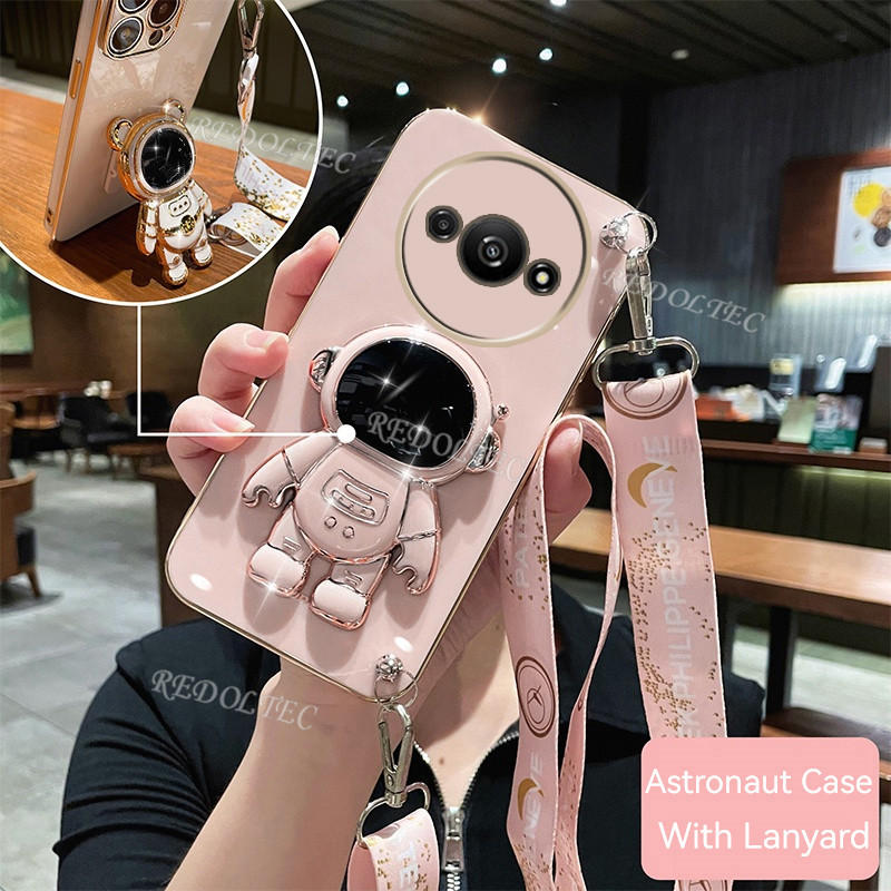 เคส Redmi A3 4G โทรศัพท์มือถือ ลายนักบินอวกาศน่ารัก 6D พร้อมสายคล้อง และขาตั้ง และสายคล้อง สําหรับ Xiaomi RedmiA3 Redmi A 3 A3