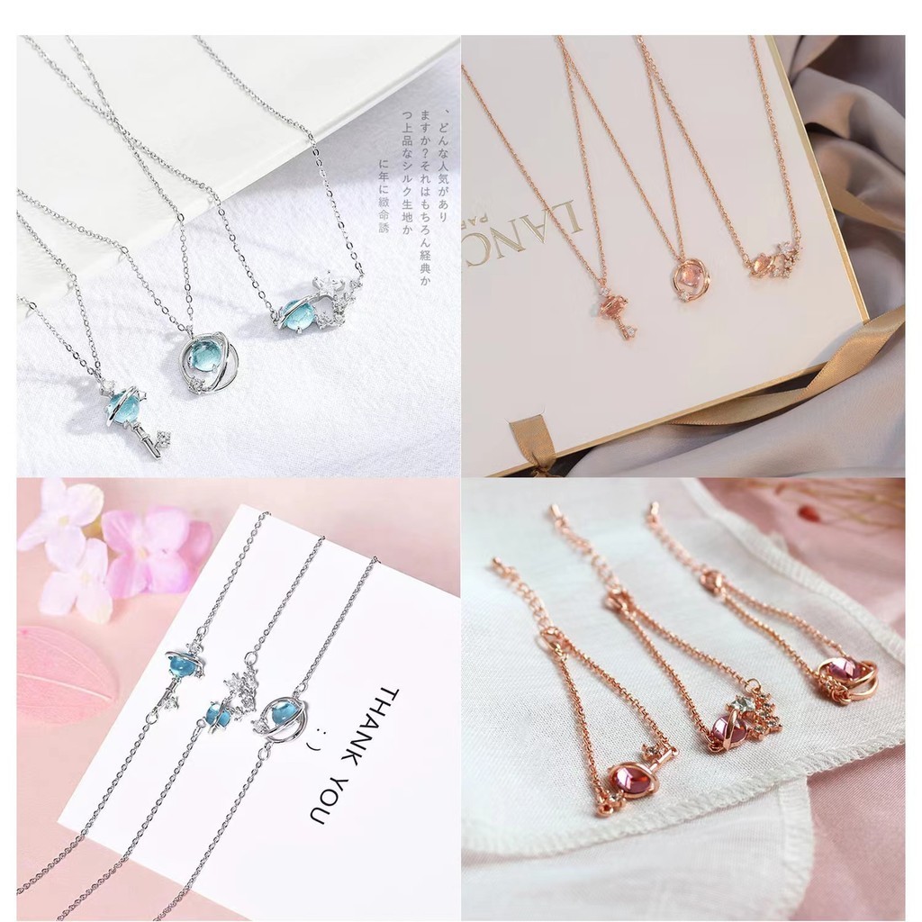 ชุดสร้อยคอ สร้อยข้อมือ จี้คริสตัล รูปดาวเคราะห์ สีชมพู เหมาะกับเป็นของขวัญ สําหรับผู้หญิง