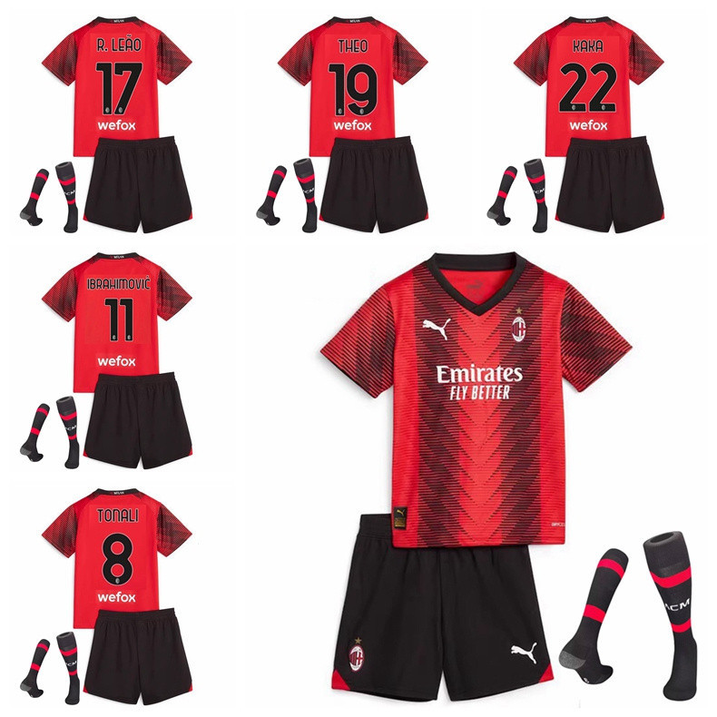 เสื้อฟุตบอล 2023-24 season AC Milan kids Kit Ibrahimovic Kaka Tonali Leao Theo Giroud ชุดกีฬา พร้อมถุงเท้า