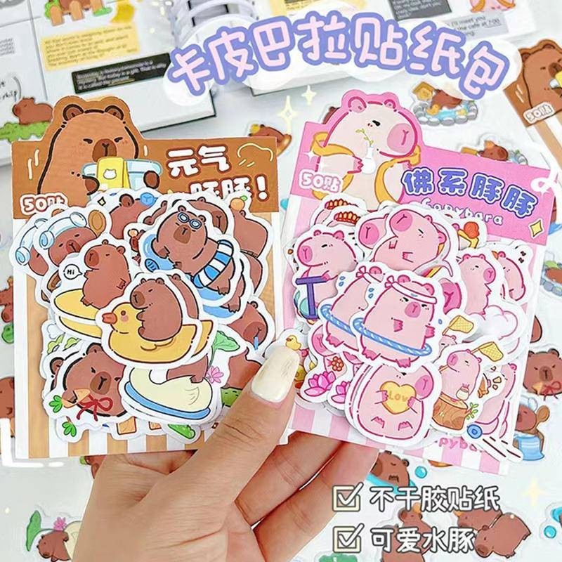 สติกเกอร์ ลายการ์ตูนอนิเมะ Capybara Kawaii กันน้ํา สีชมพู สําหรับตกแต่งขวดน้ํา แล็ปท็อป กระเป๋าเดินทาง DIY 50 ชิ้น ต่อชุด