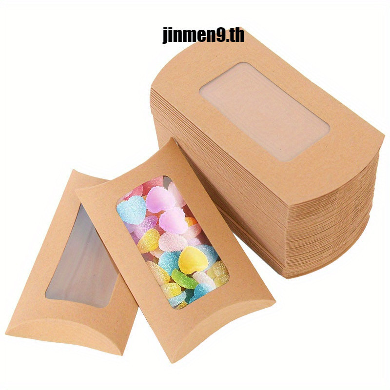 (jinmen9.th)กล่องกระดาษคราฟท์ ทรงหมอน พร้อมหน้าต่าง สําหรับใส่ขนมคุกกี้ ปาร์ตี้วันเกิด 50 ชิ้น
