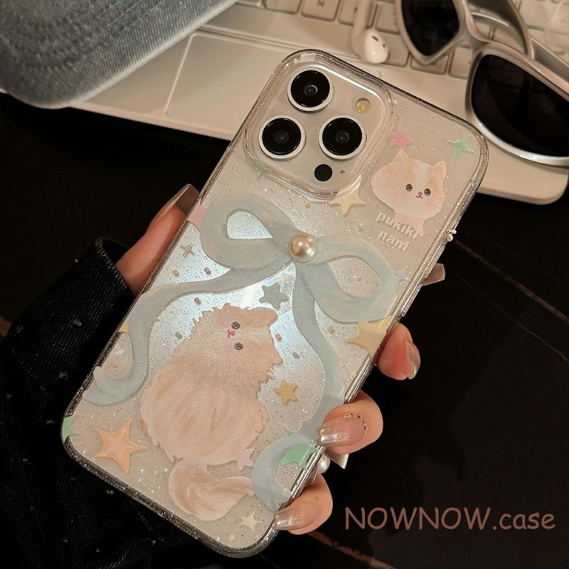 ใช้งานร่วมกับสําหรับ iPhone 15 14 13 12 11 Pro MAX X XR XS MAX 7 8 Plus การ์ตูนน่ารักโบว์สีฟ้าลูกแมวโปร่งใส glitter โทรศัพท์สีชมพูพร้อมจี้มุกสามมิติ Soft Cover - รูปที่ 6