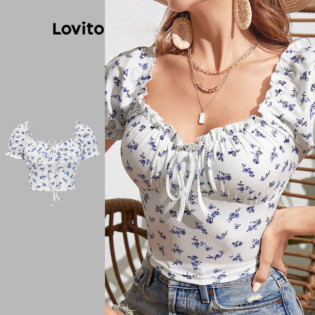 Lovito เสื้อผู้หญิง มีสายผูก แต่งขอบหยัก ลายดอกไม้ สไตล์โบโฮ L86ED043