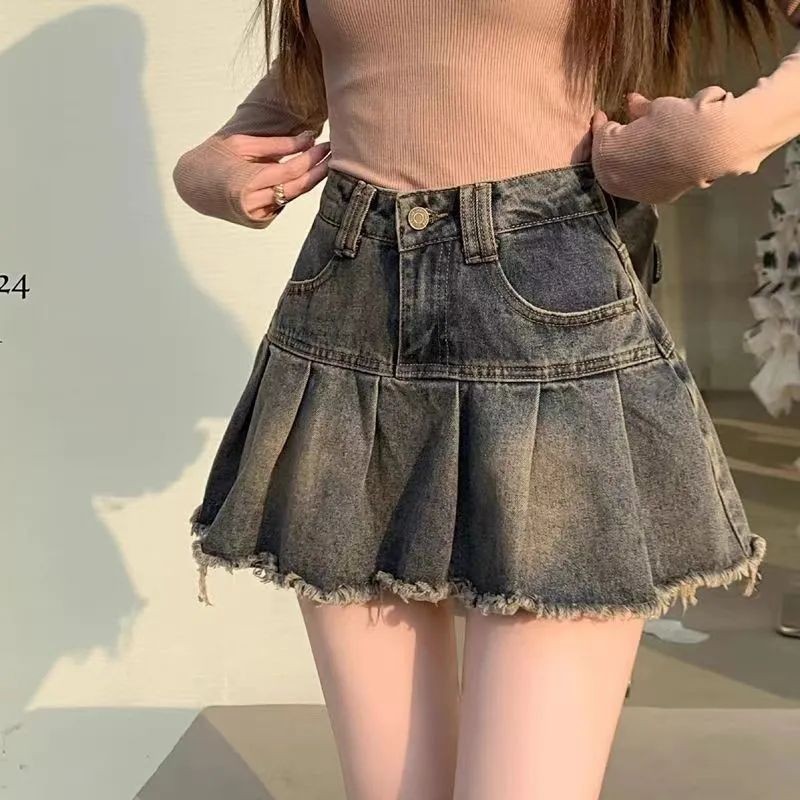Retro Distressed จีบกระโปรงยีนส์ผู้หญิงฤดูร้อนเอวสูง Slimmer ดู a-Line Anti-glare สะโพกบรรจุกระโปรงสั้น
