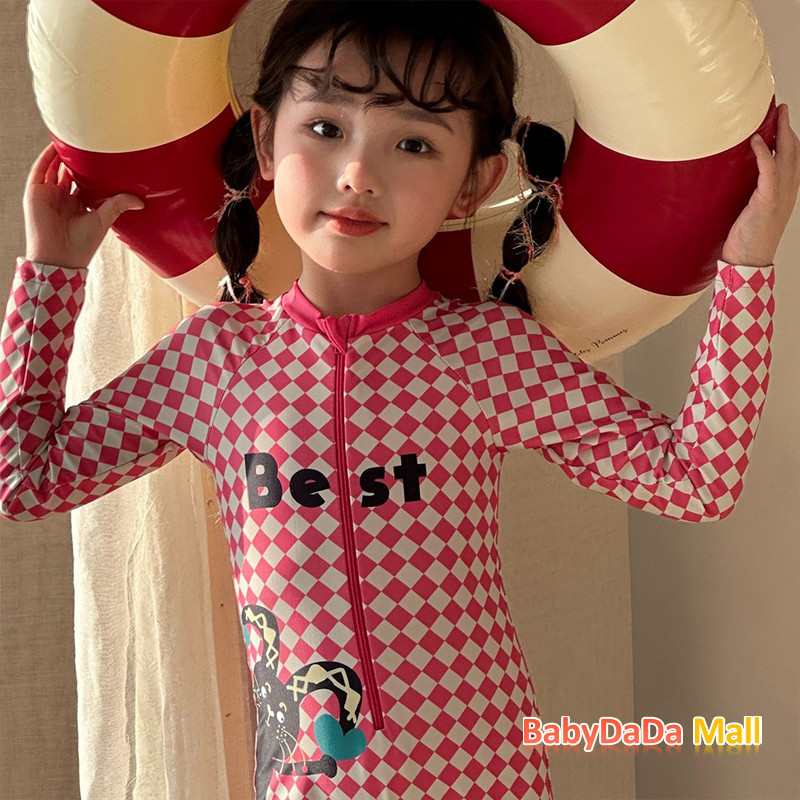 ชุดว่ายน้ําเด็กผู้หญิงชุดว่ายน้ําฤดูร้อนการ์ตูนเกาหลีแขนยาวป้องกันแสงแดด