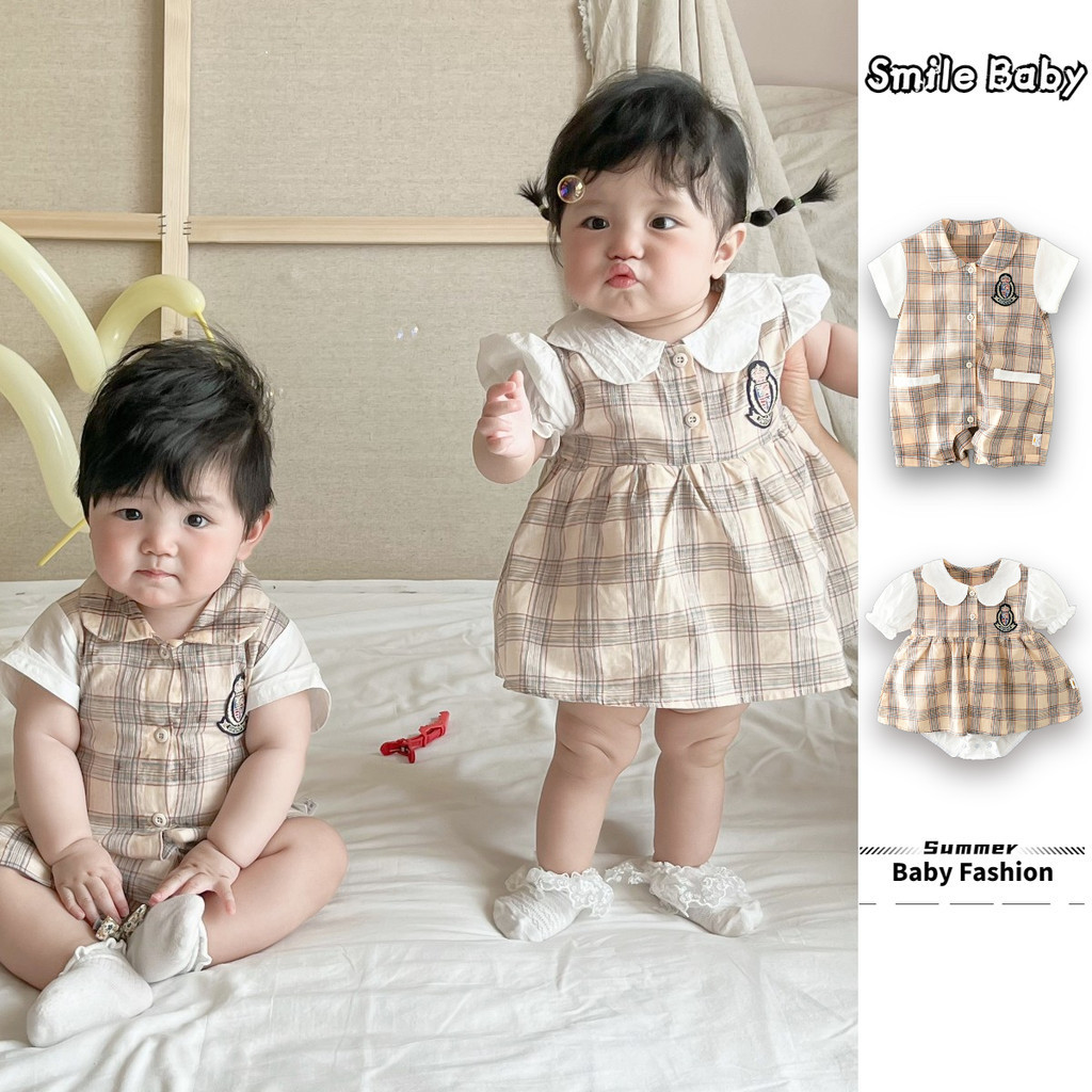 ฤดูร ้ อนใหม ่ เสื ้ อผ ้ าเด ็ กเด ็ กชายและเด ็ กหญิงแขนสั ้ นบอดี ้ สูท 0-24 เดือนเด ็ ก Twins Simple Grid สไตล ์ วิทยาลัย Romper สไตล ์ เกาหลี