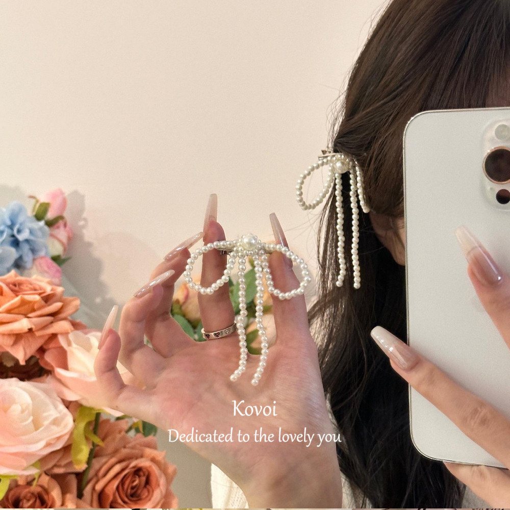 Kovoi/high-end Pearl Bow กิ ๊ บติดผมหญิง Super Fairy Bangs คลิปด ้ านข ้ างกลับหัวครึ ่ งผูกผม Duckbill คลิป Headdress