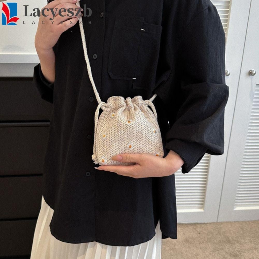 Lacyeszb Straw Bucket Bag, Daisy Rattan Summer Shoulder Bag, Luxury Square Shoulder Strap Handbag Small Messenger Bag Outdoor