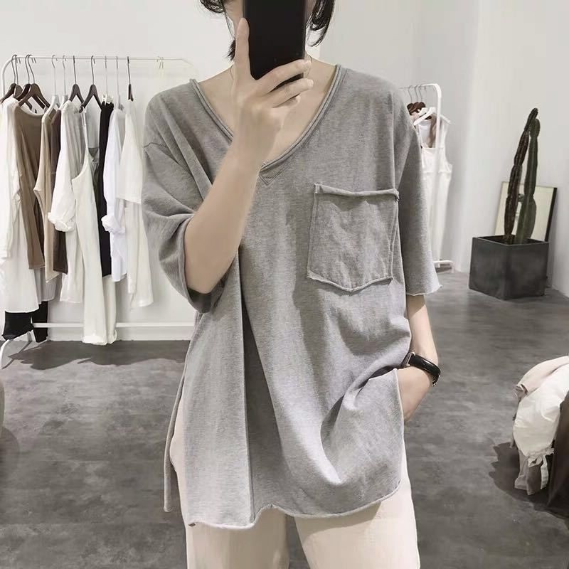 เสื้อยืด Oversize(150kg Could Wear) สไตล์เกาหลี Original Edge คอวีหลวมขนาดบวกเสื้อยืดตัดยาว Oversize Tops
