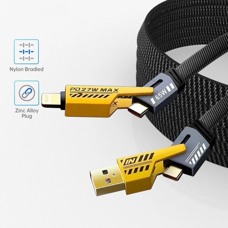 Tzuzl 2024 ใหม่ 4 in 1 65W Fast สายชาร์จ USB to Type C Mecha สไตล์ PD27W ชาร์จ Dual Type-C Fast สายชาร์จ