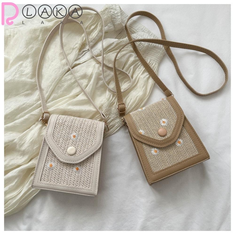 Lakamier Straw Plaited Phone Bag, Dacron Straw Embroidery Bag, Casual Little Daisy Phone Pouch
