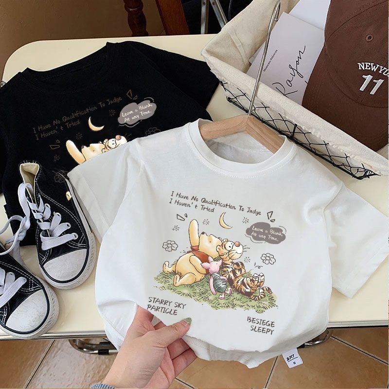 ผ้าฝ้ายแท้ 100% ฤดูร้อนเกาหลีรุ่นหลวม เหมาะสม การ์ตูนแขนสั้นเสื้อยืดสําหรับเด็กชายและเด็กหญิง
