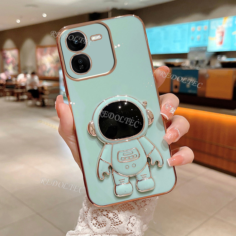 นักบินอวกาศกรณี VIVO IQOO Z9 Z9X Z9 Turbo V2361A V2352A V2353A ใหม่ 6D ชุบปลอก VIVO IQOOZ9 X IQOO Z 9 IQOOZ 9 นักบินอวกาศซิลิโคนฝาครอบโทรศัพท์นุ่มพร้อมขาตั้งผู้ถือ