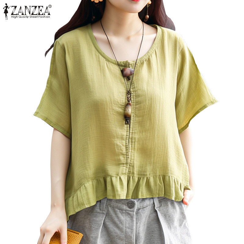 Zanzea ผู ้ หญิงเกาหลีลําลองแขนสั ้ น Lotus Leaf Loose Blouse