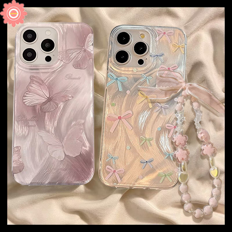 แฟชั่นโรแมนติก Dream Butterfly สีสัน Bows สําหรับ IPhone 11 15 13 14 12 Pro MAX 7Plus XS XR X MAX 15 7 6S 6 8 Plus SE 2020 Pearly สร้อยข้อมือเลเซอร์การ์ด Soft Tpu กรณี